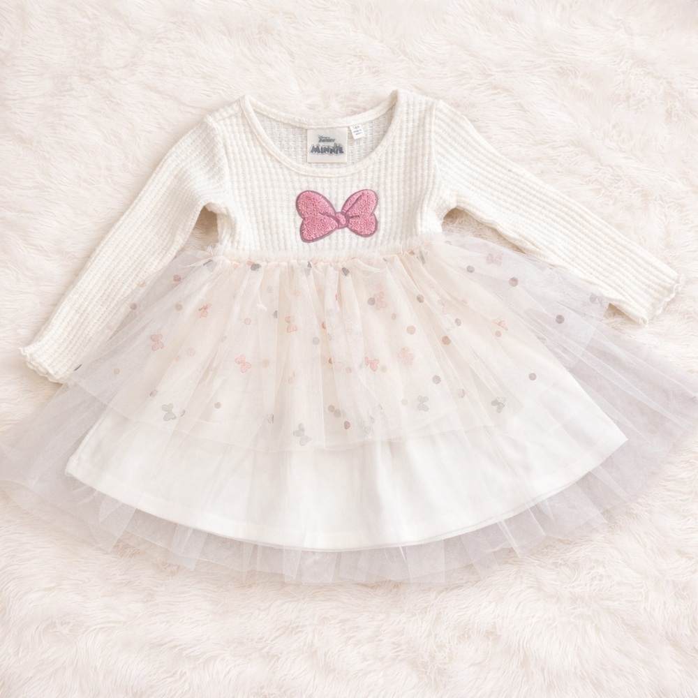 Disney Junior Minnie Mouse Tutu Dress 18M Cream Pink Bow Long Sleeve Party
